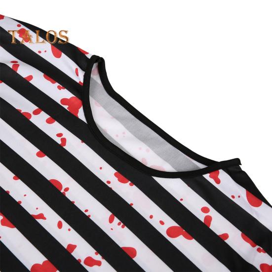 Set 4 Pezzi/Set Costume da Prigioniero per Adulti Bambini di Halloween con Stile Classico a Robe Stampa a Righe Role-Playing Top Pantaloni Cappello Set Catena