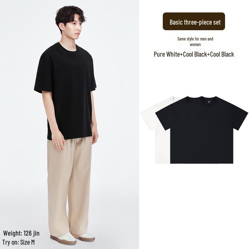 Aesthetics of Cotton: Unisex Summer Heavyweight Pure Cotton Three-Piece Short Sleeve T-Shirt Set, Basic Solid Colors