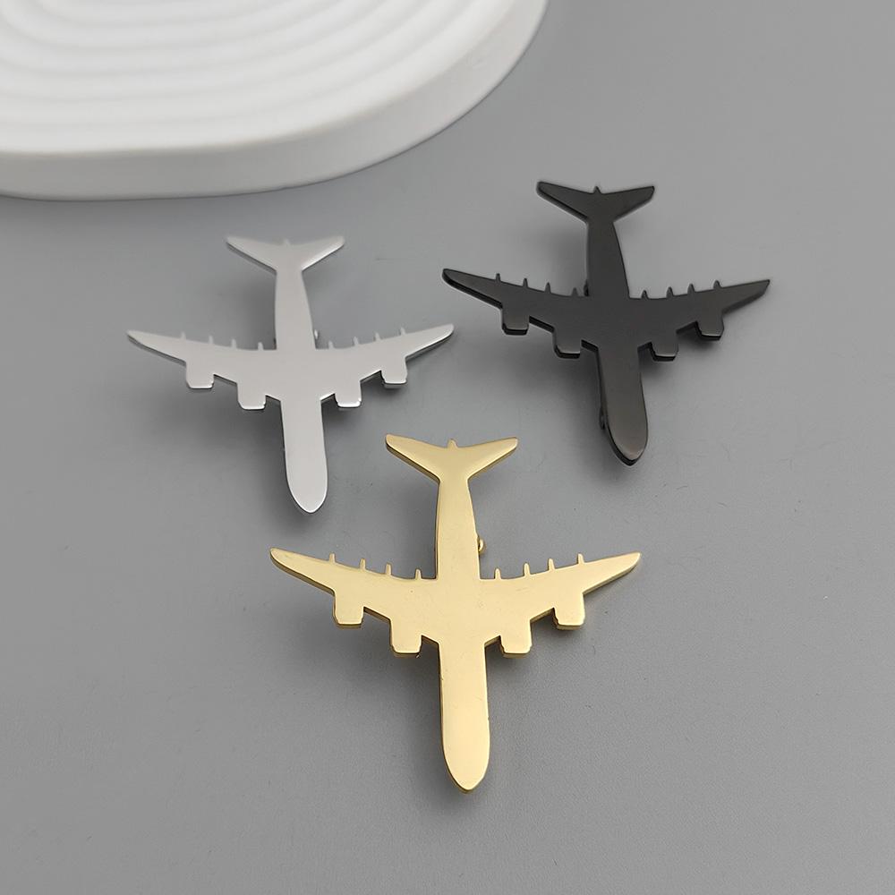 Fashion Punk Airplane Model Stainless Steel Gold-plated 18K Brooch, Black Suit Accessories, Wedding Matching Set