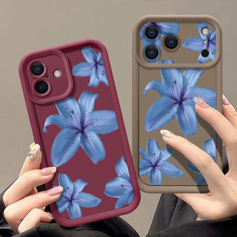 Blue Lily Pattern TPU Phone Case For iPhone 17 16e 15 16 Pro Max 14 16 Plus For iPhone Air 13 12 Pro Max 11 Soft Silicone Cover
