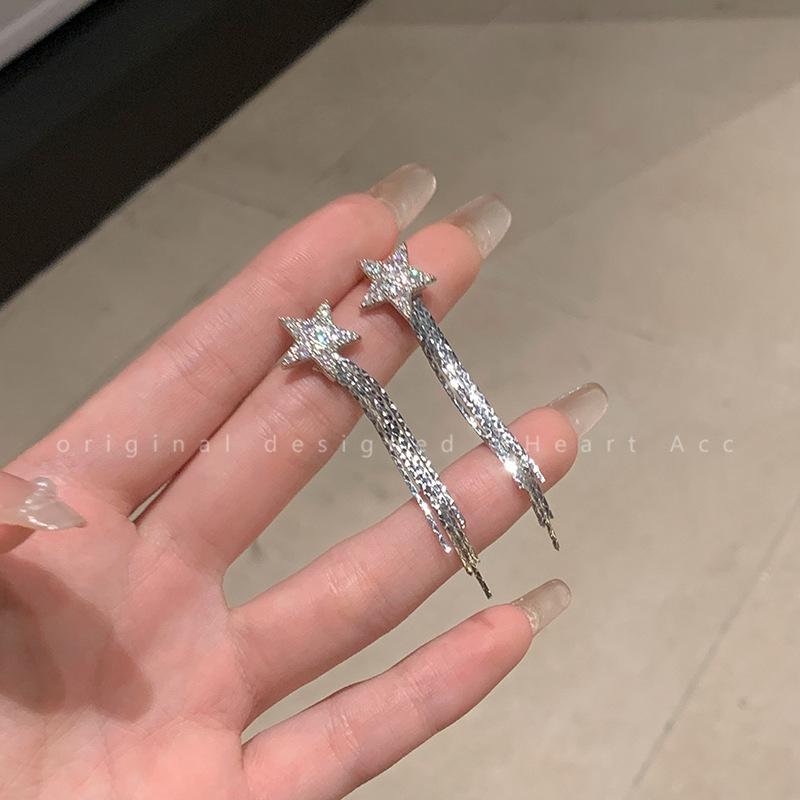 111 silver needle five-pointed star fringed stud earrings women's light luxury niche design high-end earrings fashion temperament earrings