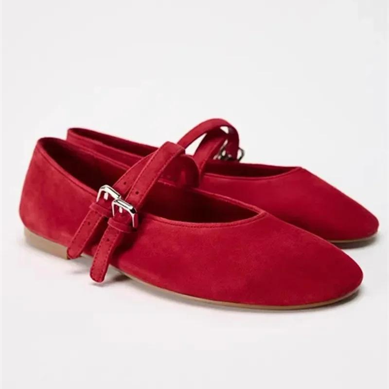 

Модные дизайнерские туфли Мэри Джейн Весна 2025 для женщин, с двойным тонким ремешком и пряжкой, повседневные, легкие, из фланели, с круглым носком, шикарные женские балетки 41 красный
