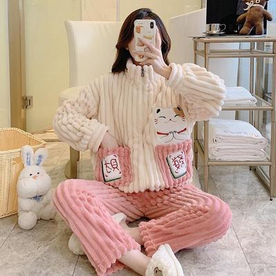Cozy Coral Fleece Flannel Striped Loungewear for Plus Sizes (up To 220 Lbs) - Cute and Warm for Autumn and Winter