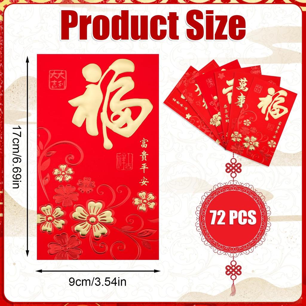 72pcs Chinese New Year Red Envelopes, 2024 Year of Dragon Red Packet Hong Bao with Plum Blossom Pattern Lucky Money Envelopes for Chinese Spring