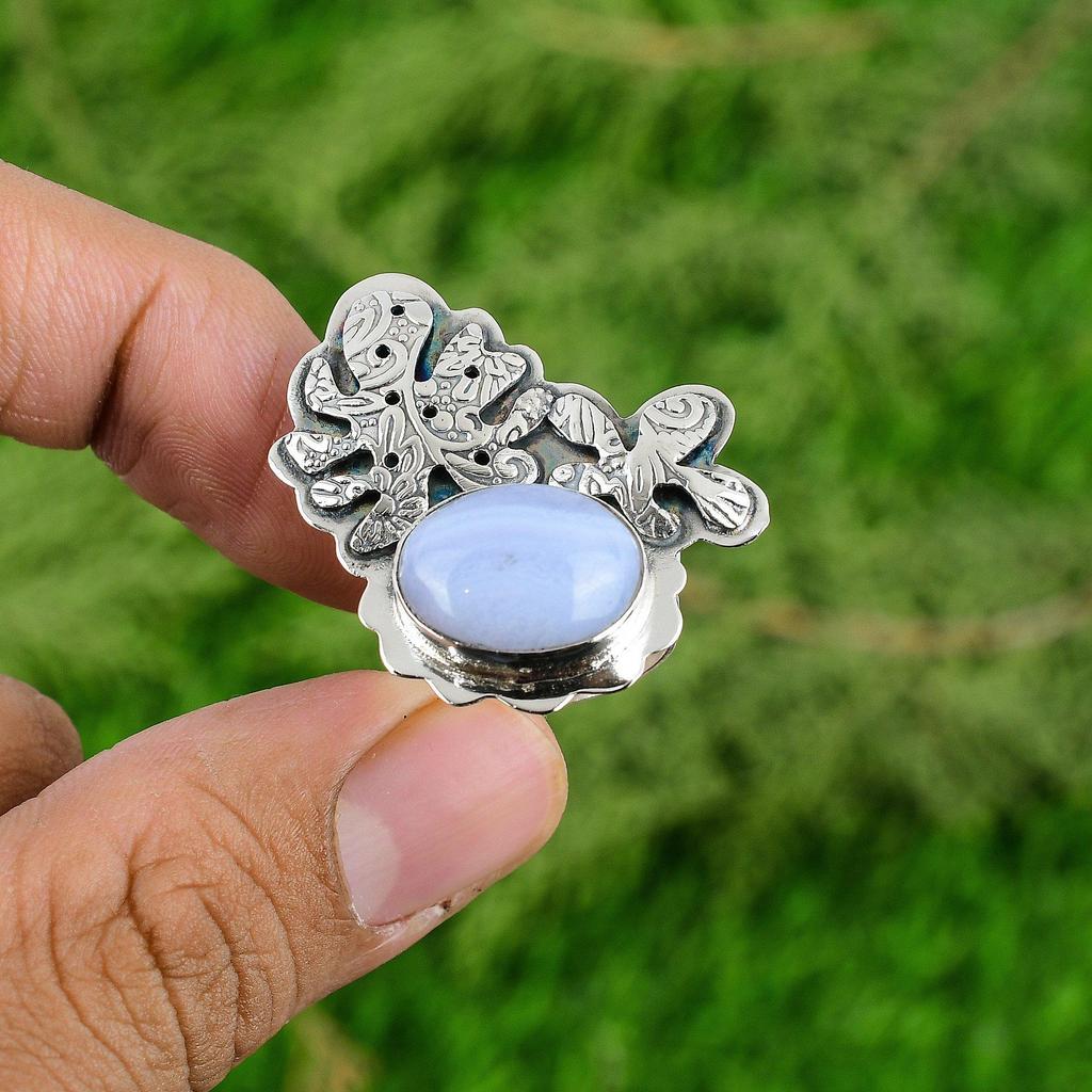 Mothers day Sale 925 Silver Oval Blue Lace Agate Gemstone Sister Stackable Ring