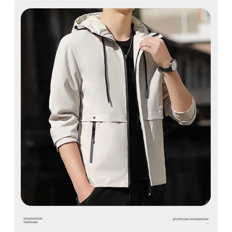 Men's Hooded Windbreaker Jacket Lightweight Zipper Pockets Casual Outdoor Coat