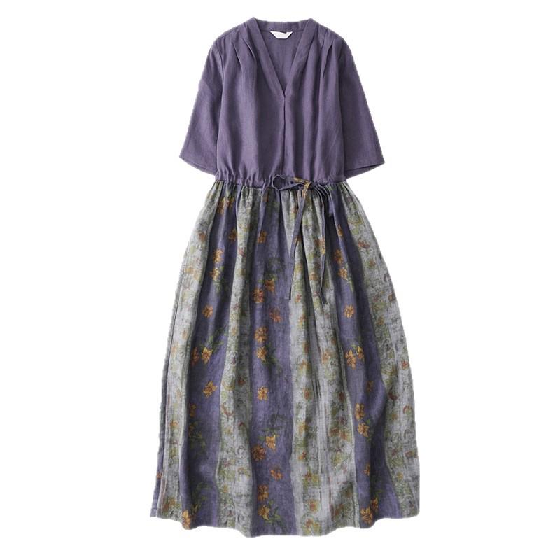 2026 Summer Retro Ethnic Printed Color Block Artistic Travel Loose Slimming Mid-Length Dress for Women