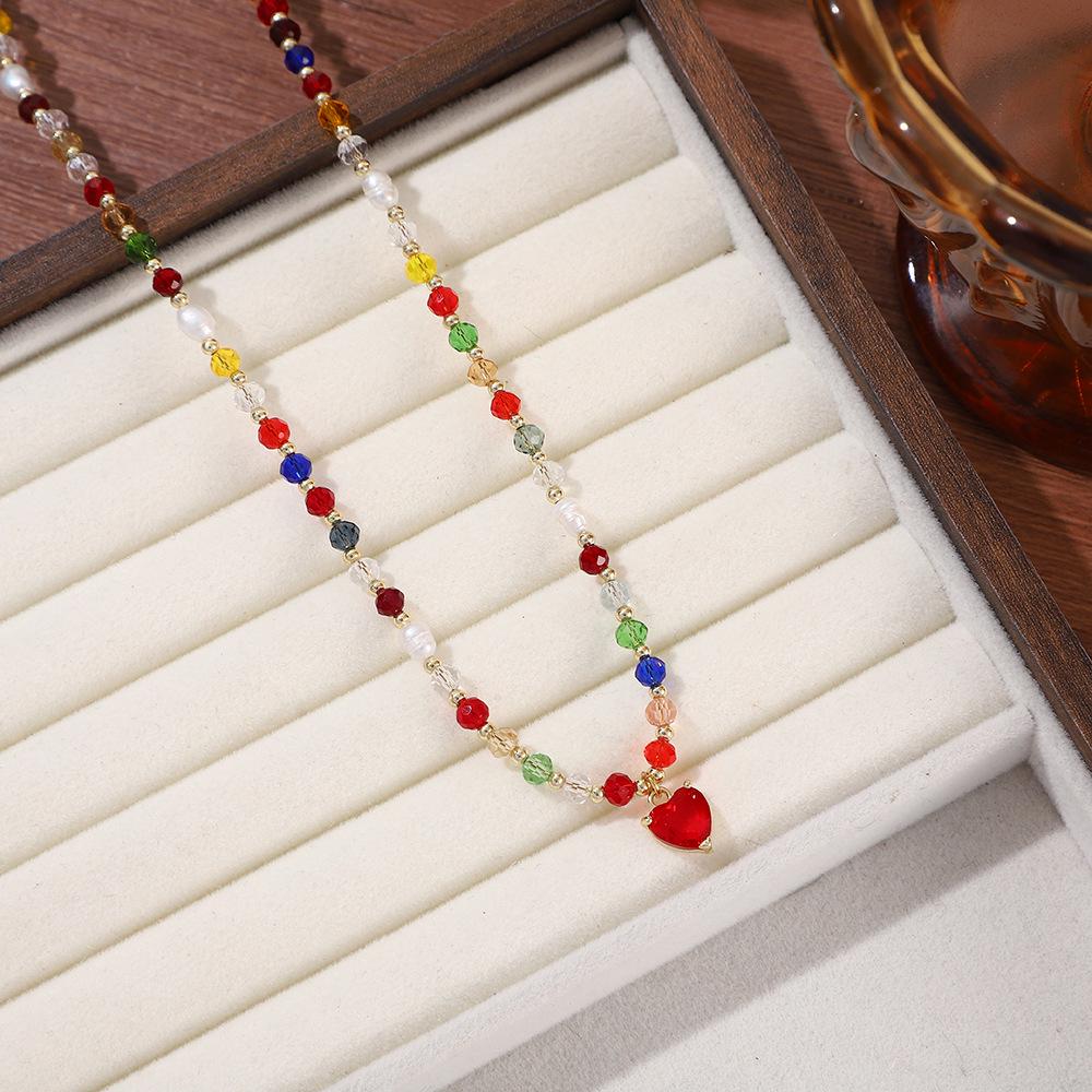 Colorful Retro Dopamine Rice Bead Necklace with Natural Stones and Thin Chain