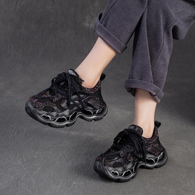 

2025 Autumn/Winter Rhinestone Platform Dad Shoes - Distressed, Comfortable & Versatile Women s Fashion Sneakers 40 чёрный