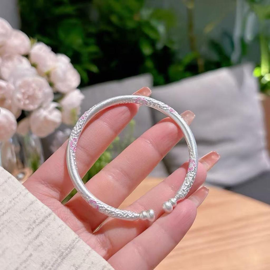 Sterling Silver 9999 Enamel Gourd Flower Twisted Bangle for Women - New Chinese National Style Bracelet