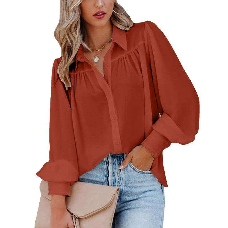 Women s Rust Red Button Down Puff Sleeve Blouse Casual Loose Fit Shirt S оранжевый