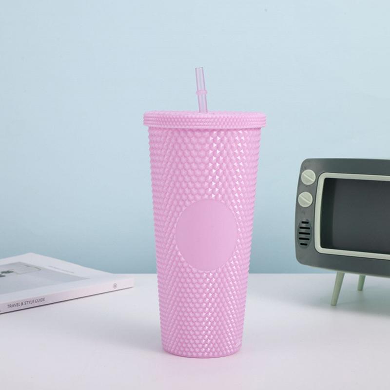 Double Walled Durian Cup Large Capacity Plastic Straw Cup Creative Leak Proof Water Bottle for Drinks one size розовый
