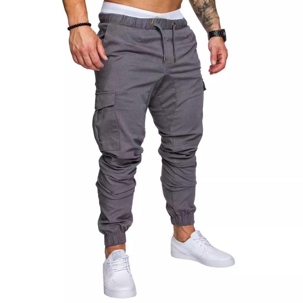 Men's Spring and Autumn Long Pants Fashion Casual Drawstring Elastic Pants Solid Trousers with Pockets