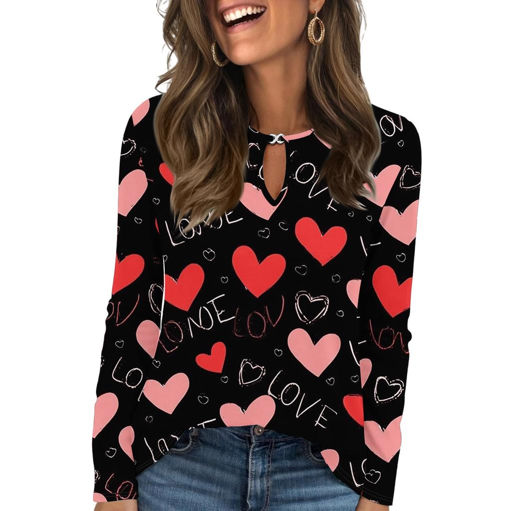 Women's Casual Round Neck Hollow,out Pullover Long Sleeve Valentine's Day Heart Print T,shirt Top