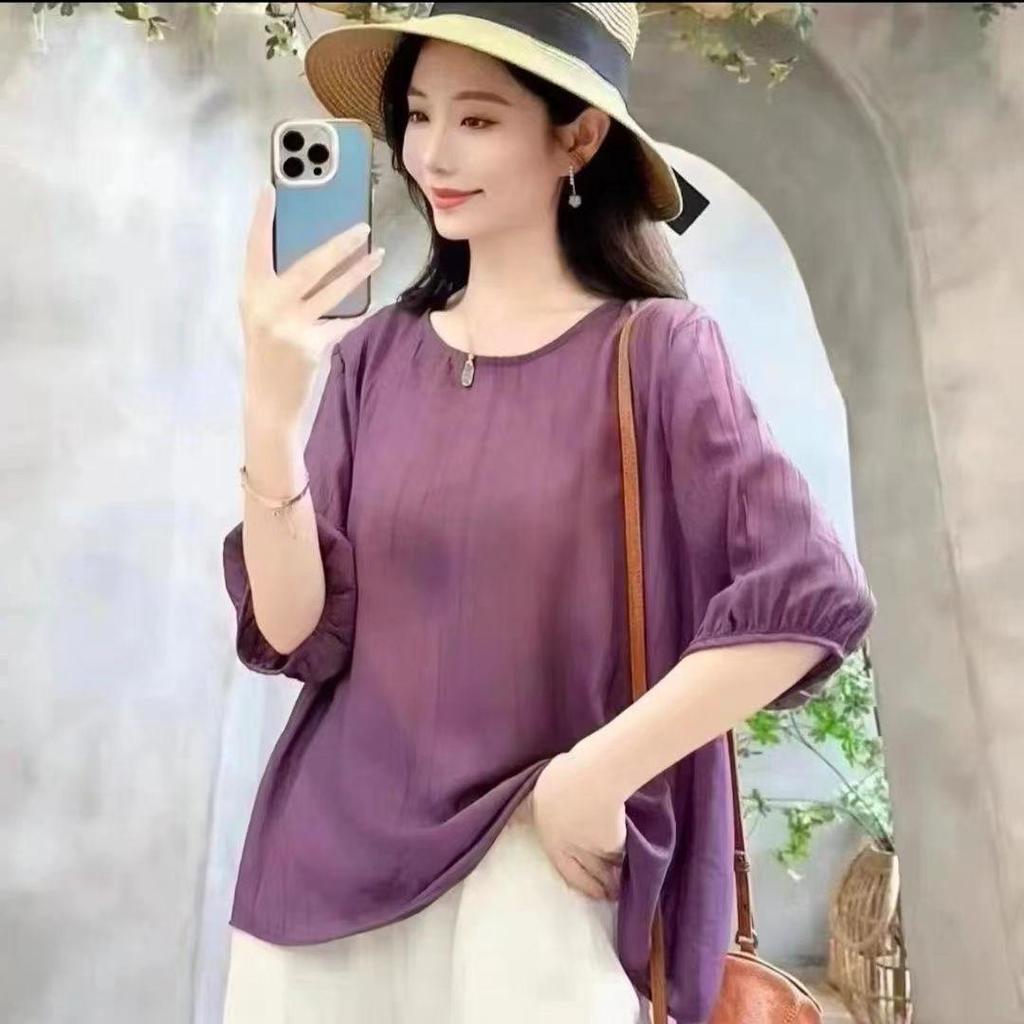 2024 Damen Tencel Baumwolle Leinen Mittellangärmelige Lockere Freizeitbluse mit Schlankmachender Bauchkontrolle für Mittelalte und Ältere