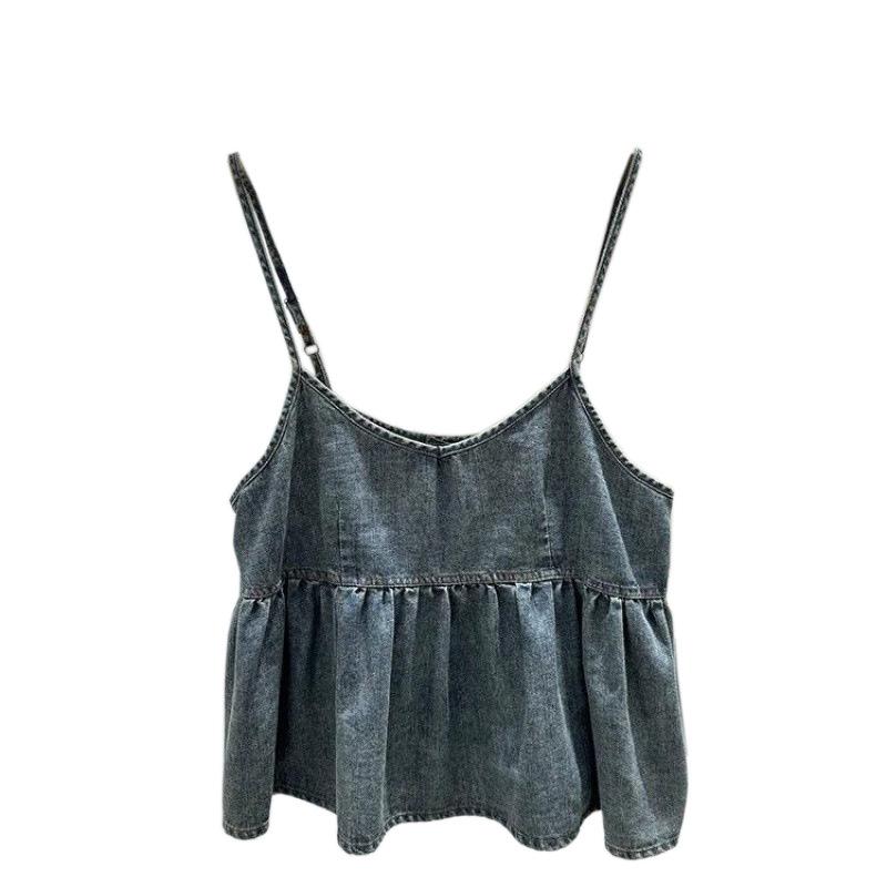 Elegance Casual Stylish Vest Short Denim Camisole V-neck Undershirt Layered Pleated Design Sense Ruffles Inner Wear Outside Sleeveless Tops Women