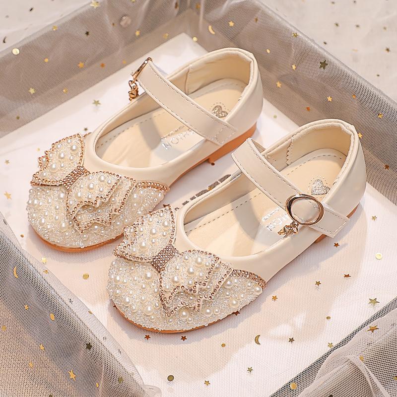 Girls' Leather Shoes with Bow, Shiny Rhinestones and Pearls, Fairy Princess Shoes, Stylish Children's Sequin Flats for Little Girls