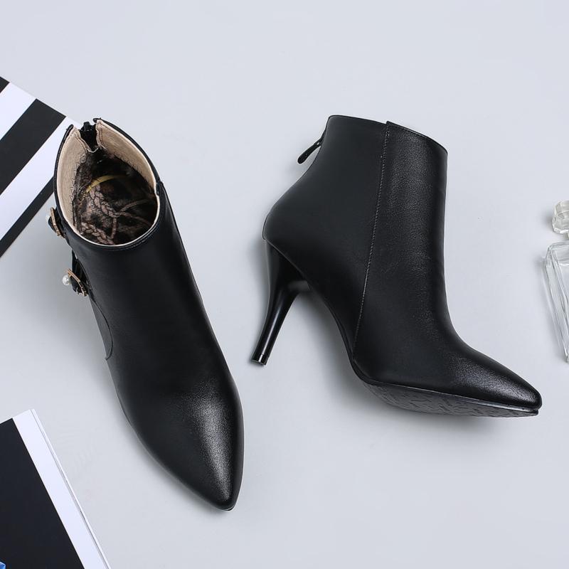 Fashion Buckle Women's Ankle Boots Casual Brown PU Leather Short Boot Pointed Toe Heels Dance Party Shoes Female Large Size 45