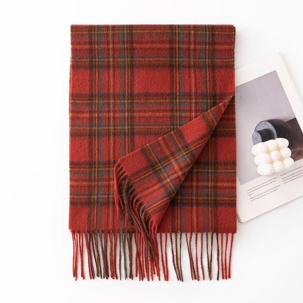 Women's 100% Wool Plaid Scarf - Korean Style, Autumn/Winter 2025, Long Tassel Shawl, Cold-Proof and Warm