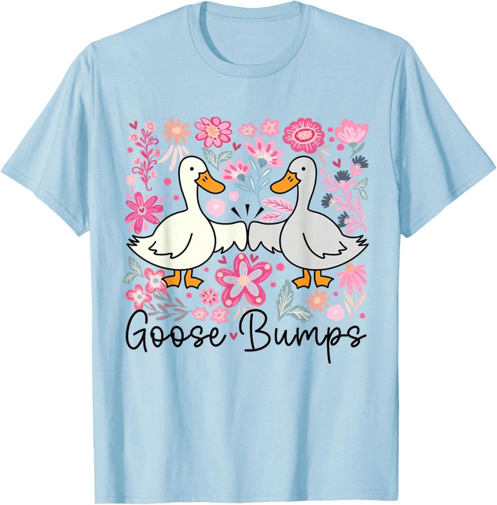 Goose Bumps Duck Floral Pun Graphic Tee Cute Casual Short Sleeve T-Shirt for Women