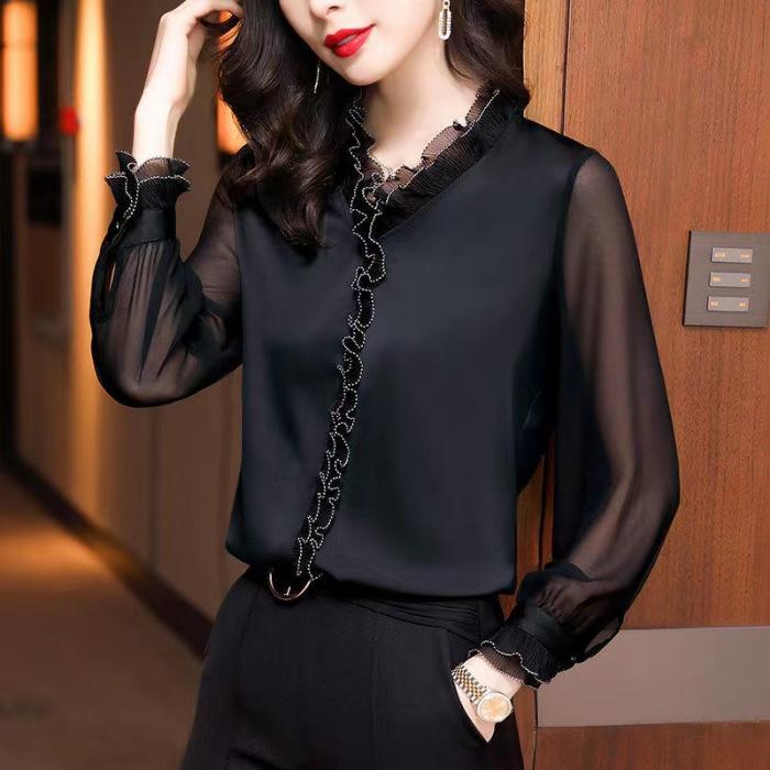 Elegant Women Chiffon Shirt Korean Blouse Office Lace Mesh Long Sleeve Ruffles V NeckTops Casual Vintage Pullovers Blusas 2022