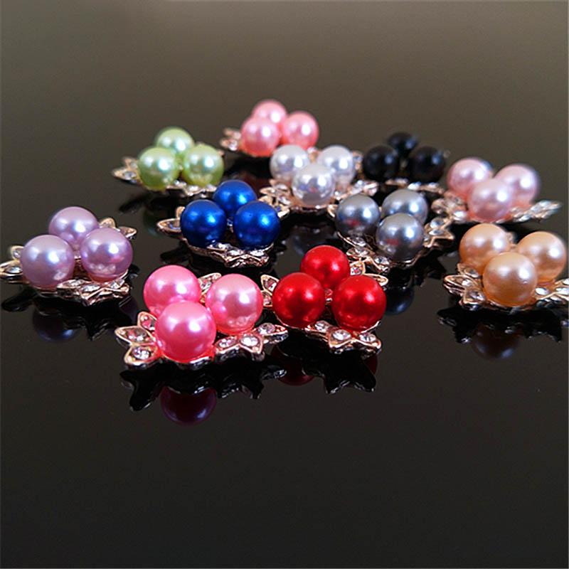 2015New 100Pcs 20mm Pearl Flower and Gold Leafs Rhinestone Flatback Embellishment Button for DIY Hair Accessories HZ256
