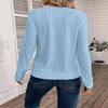 Button Embellished Eyelet Long Sleeve T-Shirt, Casual Solid Crew Neck Top, Spring/Autumn, Women's