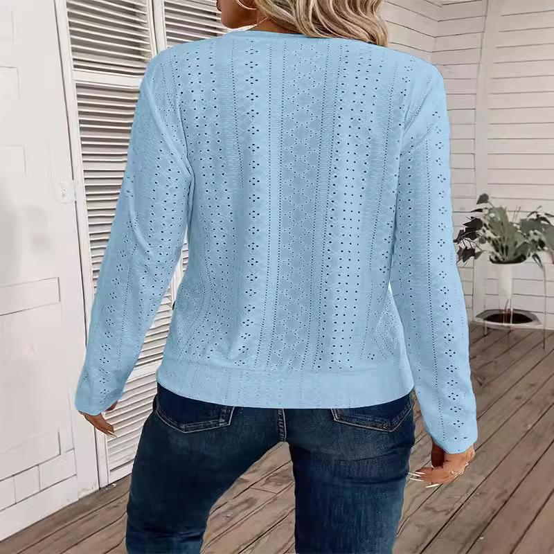 Button Embellished Eyelet Long Sleeve T-Shirt, Casual Solid Crew Neck Top, Spring/Autumn, Women's