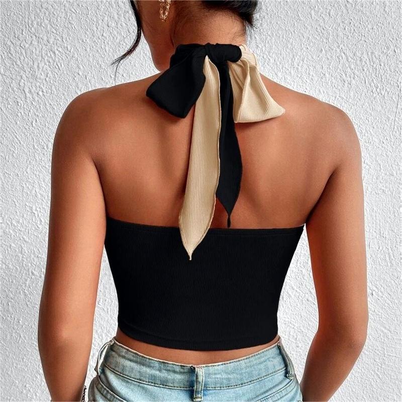 Women Summer Tank Tops Knit Sexy Black White Cross Halter Neck Push Up Hollow Crop Tops High Street Wear 2025 New Fashion