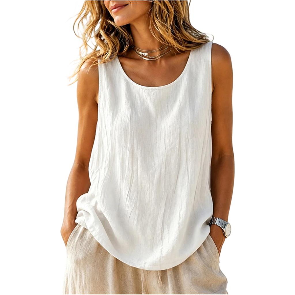 Summer Women Sleeveless Tank Top Casual Solid Color Vintage Linen Cotton Loose Fit Simple Commuting Vest