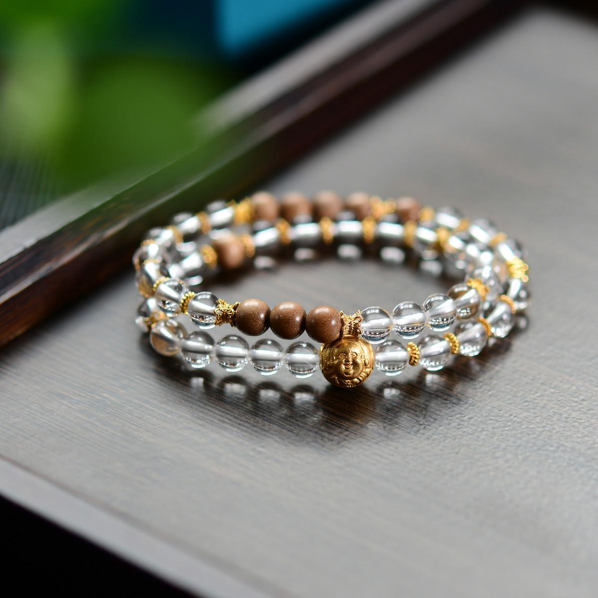 Natural White Crystal & Sandalwood 925 Silver Wealth Bead Double-Strand Bracelet 6mm