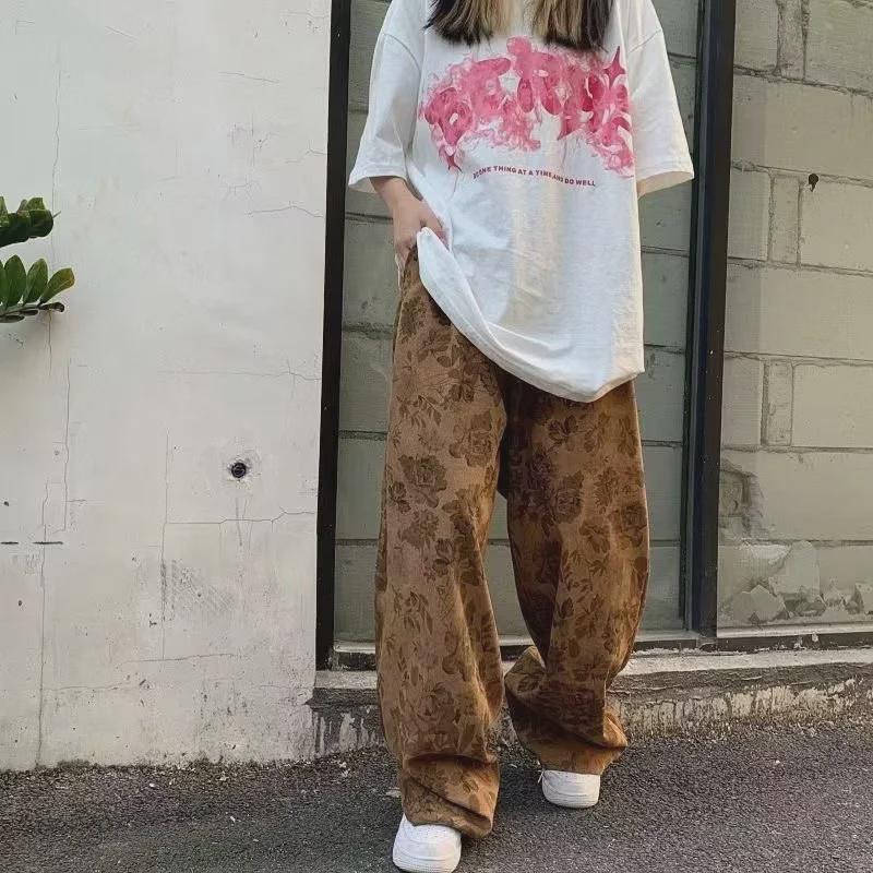 Men's Spring Retro Floral High-Waist Loose Straight Trousers - Trendy Slim Wide-Leg Pants