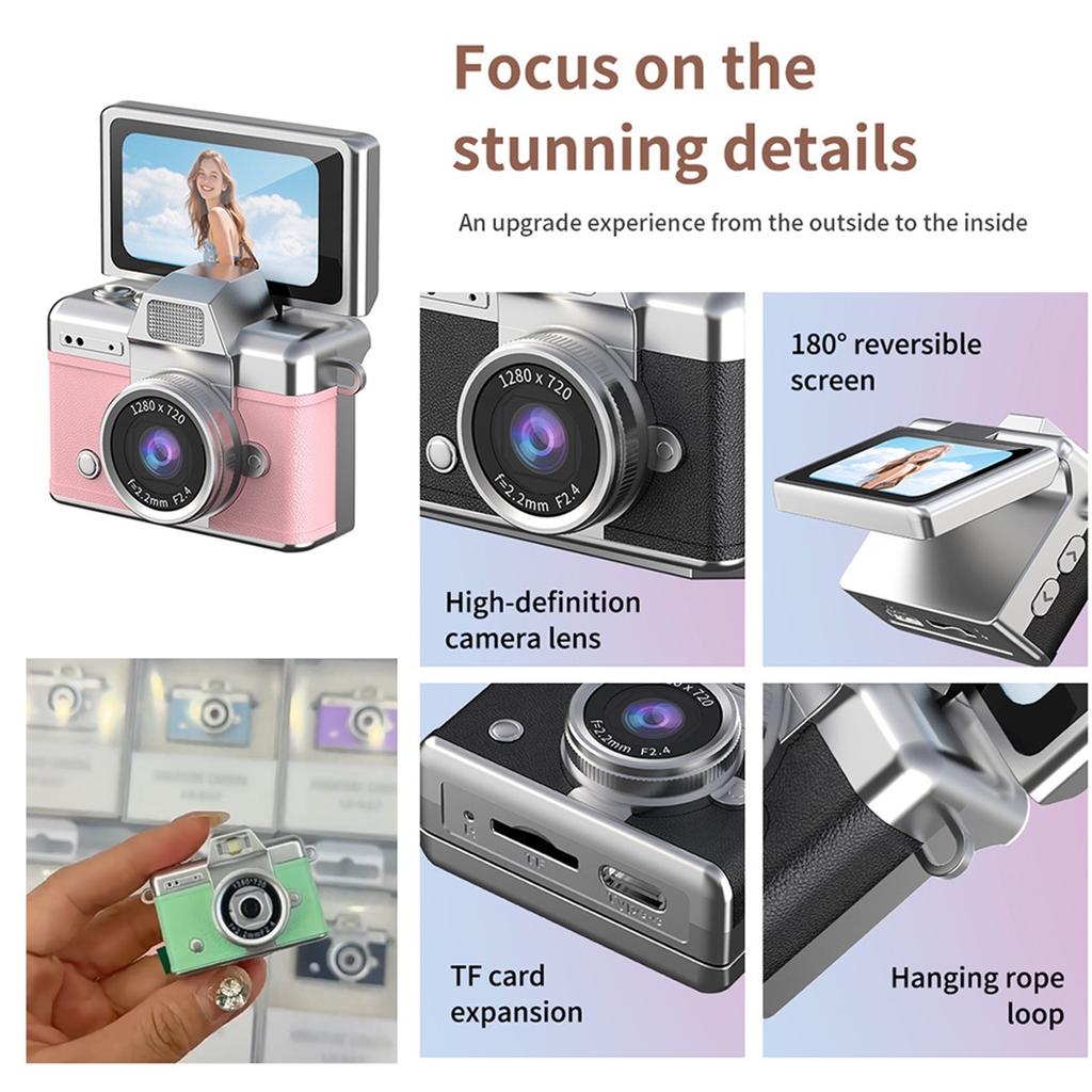 Palm-Sized Mini Digital Camera 180° Flip Selfie Screen with Flashlight Multiple Filters Keychain Portable Digital Camera LK027