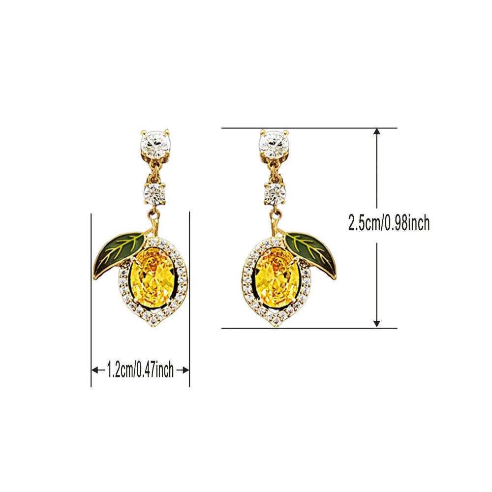 1Pair Elegant Rhinestone Lemon-Shaped Drop Earrings for Women, Gold Tone Yellow Crystal & Green Enamel Leaf Earrings, Cute Fruit Design Statement
