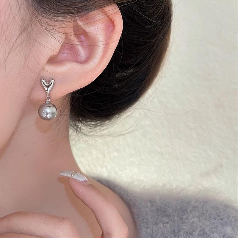 Fashion Grey Pearl Heart-Shaped Tassel Earrings for Women Girl Korea Style Simplicity Dangle Earrings Daily Commute Jewelry Gift
