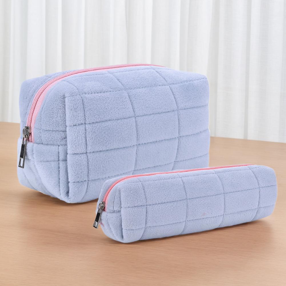 Plush Makeup Bag Makeup Storage Bag Large Capacity with Pen Bag Soft Cosmetic Bag Aesthetic Zip Closure Outdoor Travel Bag