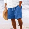 Men's Striped Cotton Linen Beach Shorts with Multi-Pocket and Drawstring