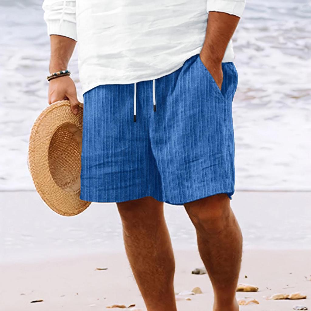 Men's Striped Cotton Linen Beach Shorts with Multi-Pocket and Drawstring