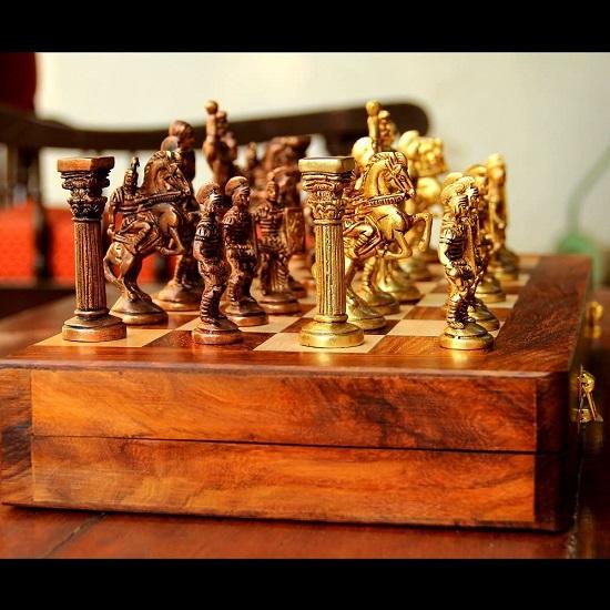 Brass Roman Chess Set with Wooden Board