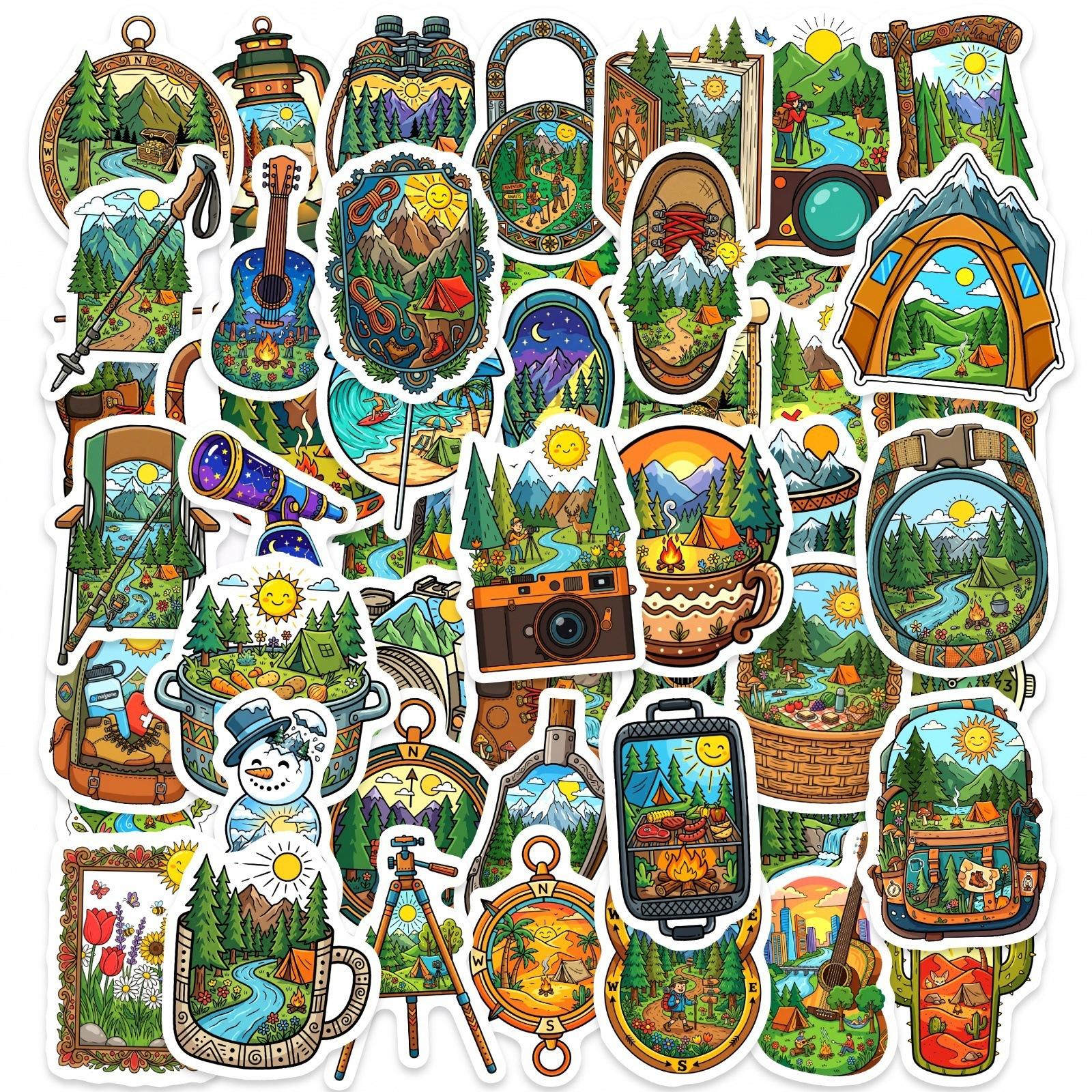 

50 Outdoor Camping Adventure Stickers Mountain River Tent Campfire Tourism Scenic Container Material Stickers