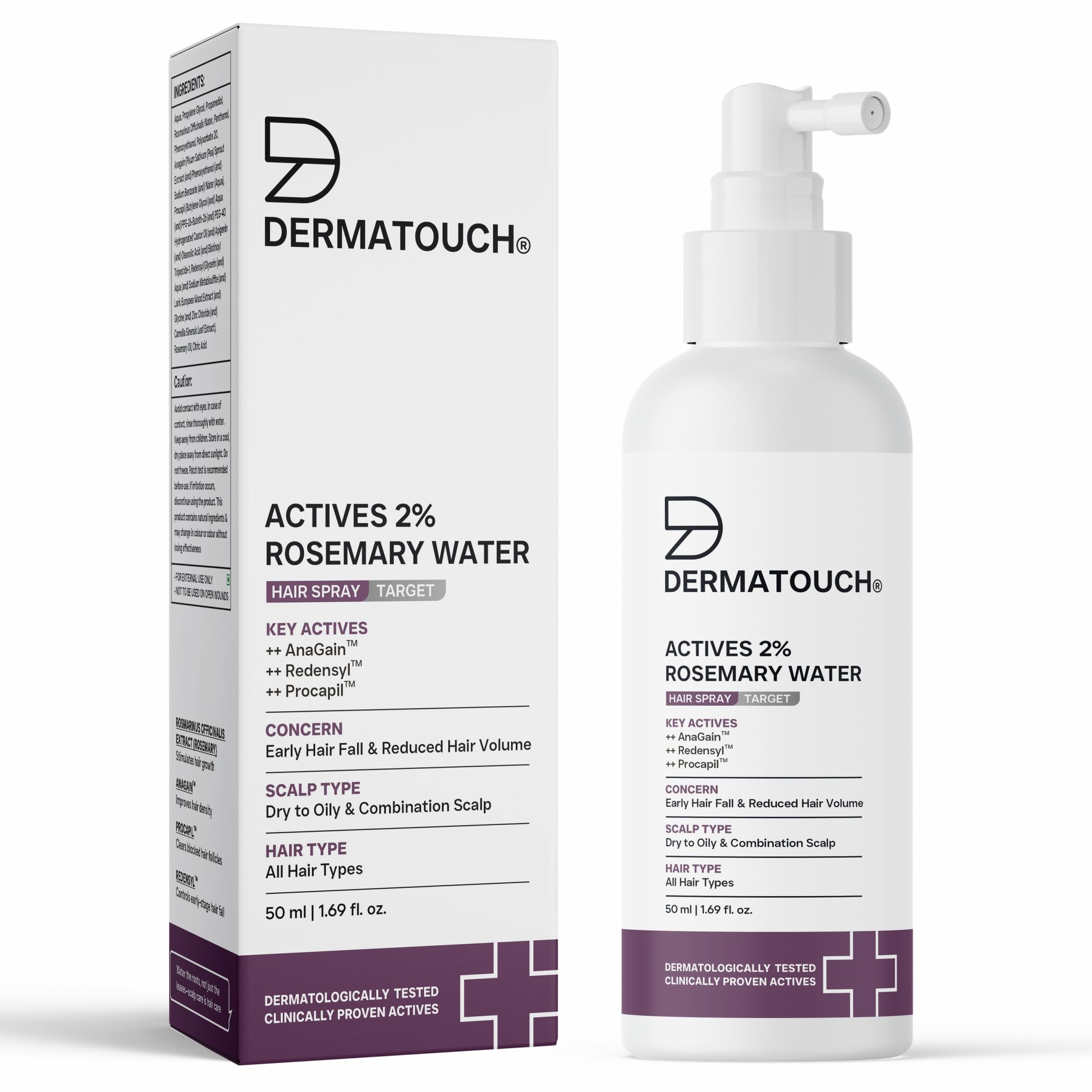 DERMATOUCH Розмариновый спрей для волос Для роста волос | Усовершенствованный 2% Активных Ингредиентов Розмарин, Redensyl, Anagain + Procapil Спрей-мист для контроля выпадения, Стимулирует