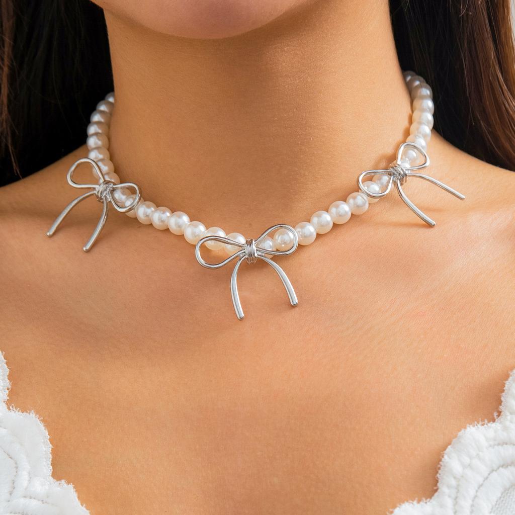 Vintage Bowknot Choker Beads Necklace Stylish Neck Jewelry Beads Statement Accessories