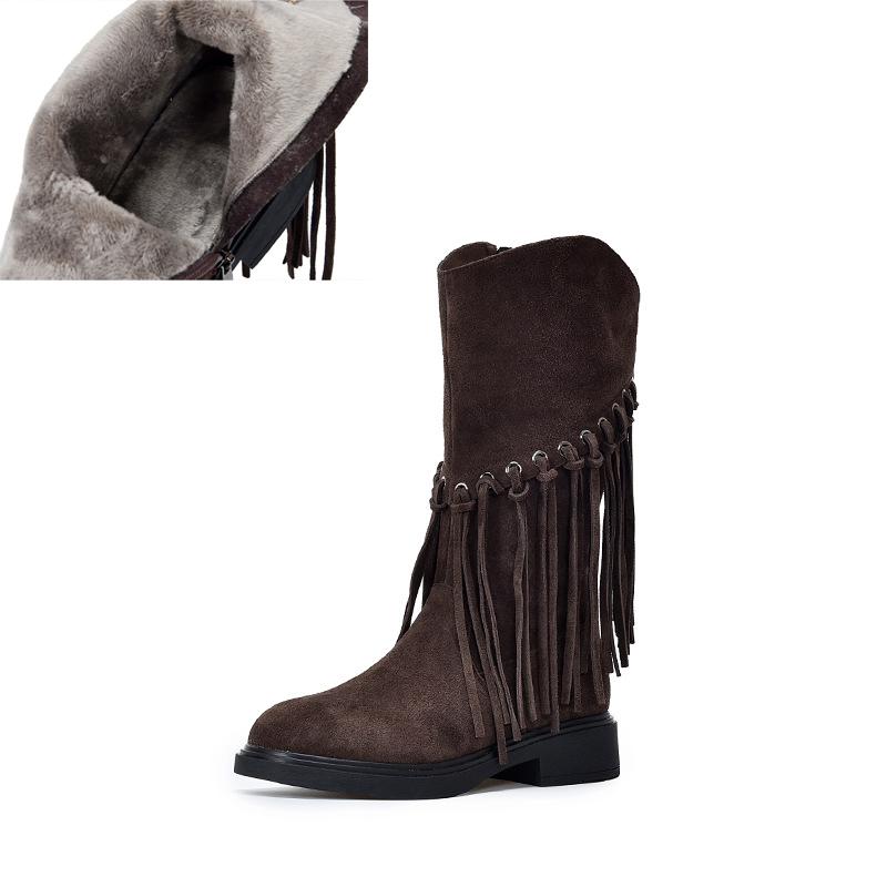 Johnature Retro Echtleder Mid-Calf Stiefel Modische Vielseitige Mittel Absatz Damen Quastenstiefel