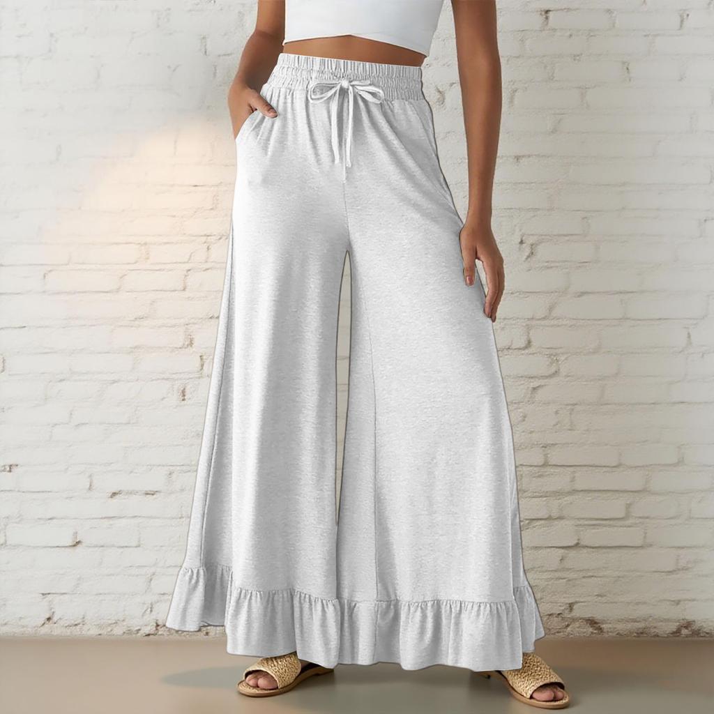 Women’s Casual Loose Fit Drawstring Elastic Waist Wide Leg Pants with Ruffle Hem and Relaxed Flowy Silhouette for Everyday Wear