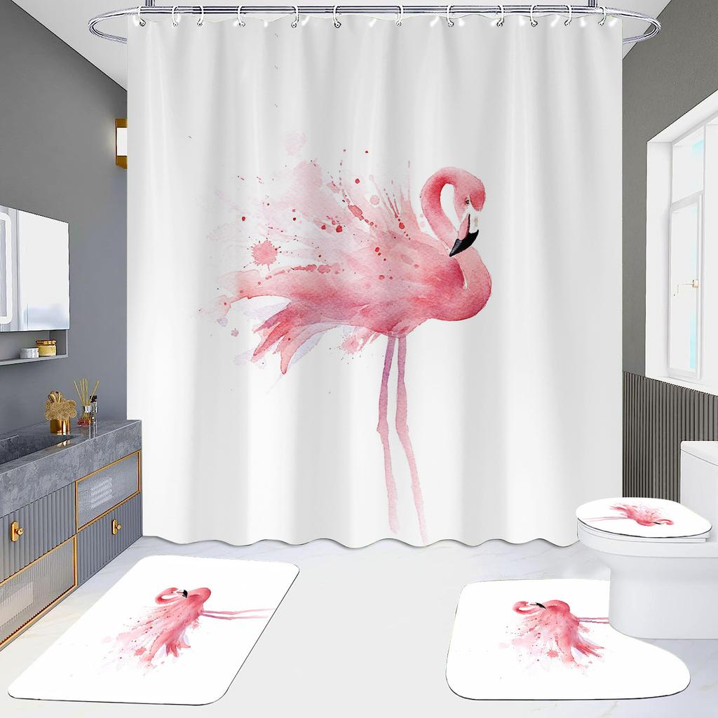 Pink Flamingo Printing Shower Curtain Set For Bathroom Non Slip Lovebird Bath Mat And Curtain Set Bath Rug Toilet Carpet