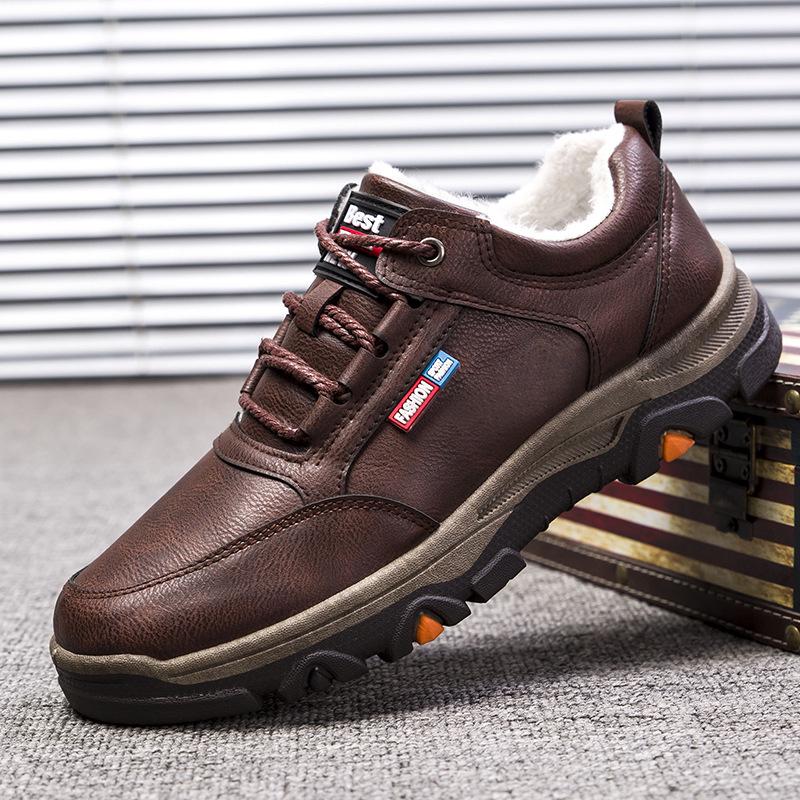 Men's Winter Velvet-Lined Leather Snow Boots - Warm, Thick-Soled, Casual Outdoor Sports Shoes