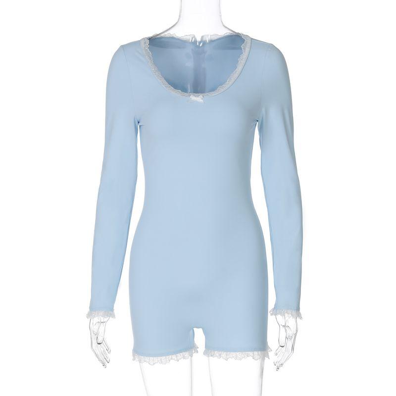 

Shemoda Fashion Style Autumn Lace Decorative Flower round Neck Long Sleeves Jumpsuit Women Zipper Stretch Silm Women s Clothing Sky Blue L