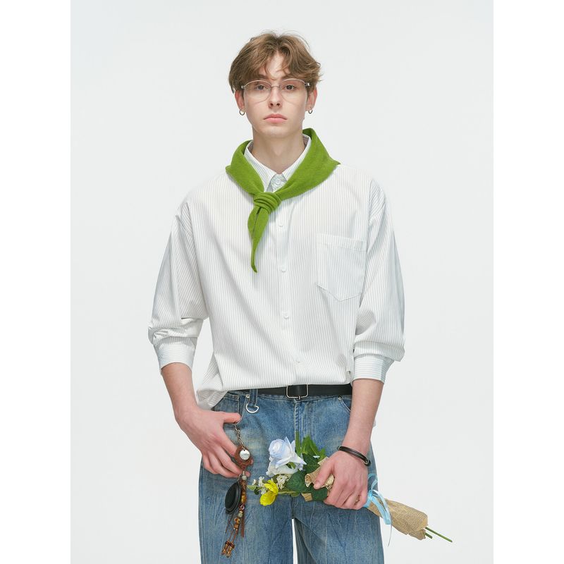 Dream Made American-Style Striped White Long-Sleeved Shirt for Men, Spring and Autumn Casual Workwear, Loose Inner Shirt