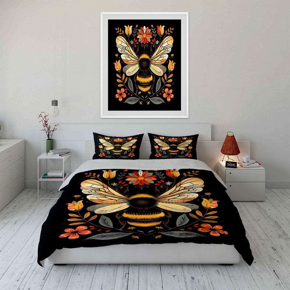 Golden Bee Floral Design Bedding Duvet Cover Set  (1*Duvet Cover 2*Pillowcases, Without Duvet Insert)