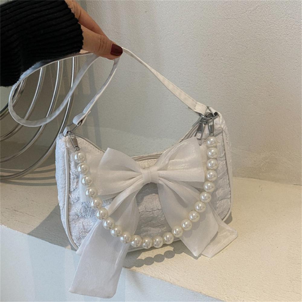 

Women s Shoulder Bag Trendy Retro Handbag Canvas Bag Bow-Embellished Pearl Handbag For Trend-Setting Street Fashi Evening Out білий